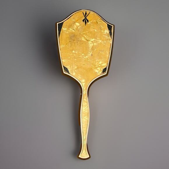 Vintage Celluloid Hand Held Vanity Mirror Yellow Marbled Black 12.5 " Art Deco - Picture 1 of 7